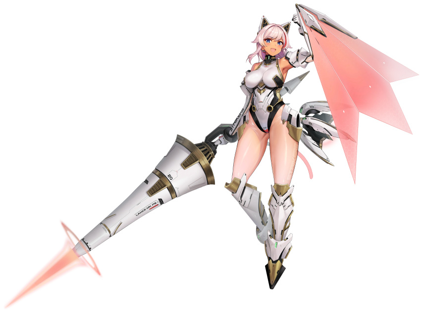 05565 1girl animal_ears armored_boots armpits barcode bare_shoulders black_collar blue_eyes boots breasts cat_ears cat_tail collar dark-skinned_female dark_skin detached_sleeves energy_barrier energy_shield energy_tail energy_weapon english_text fake_animal_ears fake_tail floating full_body gloves gold_trim groin_tendon hair_intakes highres holding holding_polearm holding_shield holding_weapon huge_weapon impossible_clothes impossible_leotard lancer_mina large_breasts last_origin leotard looking_at_viewer mechanical_ears mechanical_parts medium_hair multicolored_hair official_alternate_costume official_art open_mouth pantyhose pilot_suit pink_hair polearm red_hair see-through see-through_sleeves shield simple_background smile solo streaked_hair tachi-e tail tan tanlines third-party_source transparent_background two-tone_hair weapon white_footwear white_gloves white_leotard