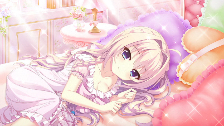 1girl ahoge bedroom blonde_hair blue_eyes book braid breasts cleavage closed_mouth collarbone dot_nose film_grain flower frilled_pajamas game_cg hair_intakes heart heart_pillow indoors izumi_tsubasu lamp long_braid long_hair looking_at_viewer lying medium_breasts mole mole_under_eye non-web_source official_art on_bed on_side pajamas picture_frame pillow pink_flower pink_pajamas pink_rose re:stage! rose shiratori_amaha_(re:stage!) short_sleeves single_braid smile solo sparkle sunlight vase white_flower white_rose