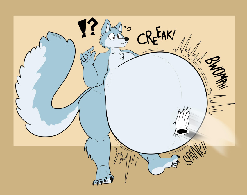 absurd_res anthro belly belly_inflation belly_slap belly_slapping big_belly canid canine canis derp_eyes fernkarry fernkarrythewolf hi_res inflation male mammal slap solo synful2023 wolf