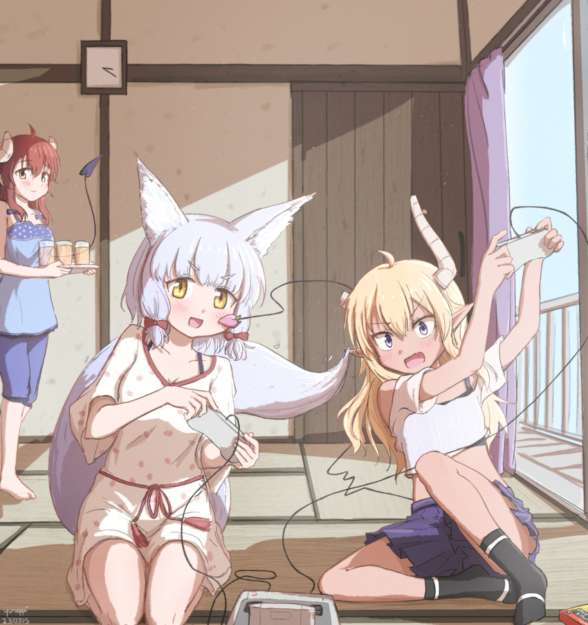 3girls :d ahoge animal_ears black_socks blonde_hair blue_shirt blue_skirt blush casual closed_mouth commentary controller crop_top curled_horns day demon_girl demon_horns demon_tail english_commentary fang fox_ears fox_girl fox_tail full_body game_console game_controller gamepad hair_between_eyes highres horns indoors lilith_(machikado_mazoku) long_hair looking_at_viewer machikado_mazoku miniskirt multiple_girls no_shoes open_mouth pajamas playing_games pleated_skirt pointy_ears purple_eyes red_hair riko_(machikado_mazoku) seiza shirt short_eyebrows sidelocks sitting skin_fang skirt sleeveless sleeveless_shirt smile socks standing tail tatami v-shaped_eyebrows wavy_hair white_hair white_pajamas white_shirt wide-eyed yellow_eyes yoshida_yuuko_(machikado_mazoku) yunoppi