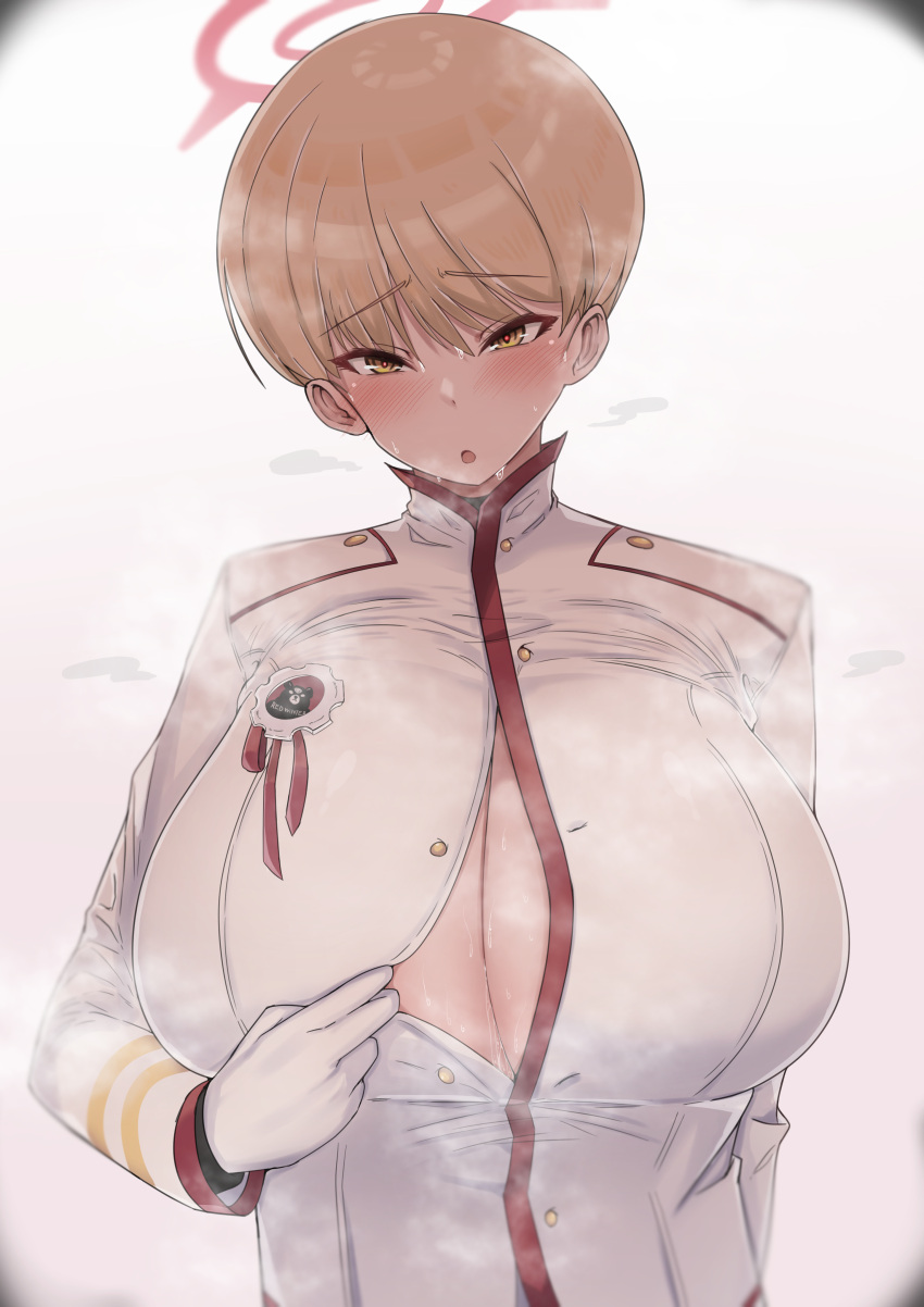 1girl absurdres blonde_hair blue_archive blush breasts button_gap buttons cleavage collared_shirt fuzinoe_13b gloves gradient_background halo highres huge_breasts long_sleeves looking_at_viewer marina_(blue_archive) military military_uniform no_bra open_clothes open_mouth partially_unbuttoned revision shirt short_hair simple_background solo steaming_body sweat unbuttoned uniform upper_body white_gloves yellow_eyes