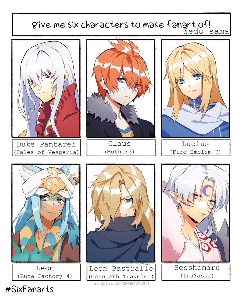 6+boys absurdres albino androgynous animal_ears aqua_eyes blonde_hair blue_eyes blue_hair character_name claus_(mother_3) closed_mouth crescent crescent_facial_mark crossover dark-skinned_male dark_skin duke_pantarei edo-sama egyptian_clothes english_text facial_mark fire_emblem fire_emblem:_the_blazing_blade forehead_mark fox_boy fox_ears freckles fur_shawl gold_trim hair_between_eyes hair_over_one_eye heterochromia highres inuyasha leon_(rune_factory) leon_bastralle long_hair looking_at_viewer lucius_(fire_emblem) male_focus mother_(game) mother_3 multiple_boys multiple_crossover multiple_drawing_challenge octopath_traveler octopath_traveler_i orange_hair otoko_no_ko pointy_ears red_eyes rune_factory rune_factory_4 sesshoumaru shawl short_hair shoulder_spikes six_fanarts_challenge smile spikes tales_of_(series) tales_of_vesperia upper_body very_long_hair whisker_markings white_hair yellow_eyes