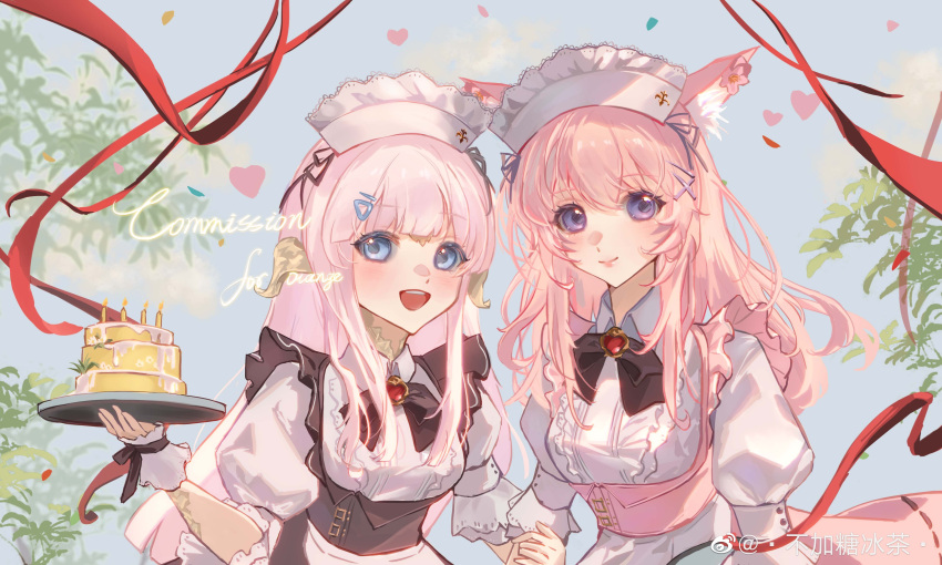 2girls :d absurdres animal_ears au_ra black_bow black_bowtie black_dress blue_eyes blue_sky blush bow bowtie cake candle cat_ears cat_girl center_frills closed_mouth cloud collared_shirt commission confetti dragon_girl dragon_horns dress final_fantasy final_fantasy_xiv food frills hair_ornament hair_ribbon hairclip heart highres holding holding_another's_arm holding_tray horns leaf long_hair looking_at_viewer maid maid_headdress miqo'te multiple_girls pink_dress pink_hair puffy_short_sleeves puffy_sleeves purple_eyes red_ribbon ribbon shirt short_sleeves sky smile teeth tray upper_body upper_teeth_only weibo_logo weibo_username white_shirt x_hair_ornament xiao_xiong_keke_aoi