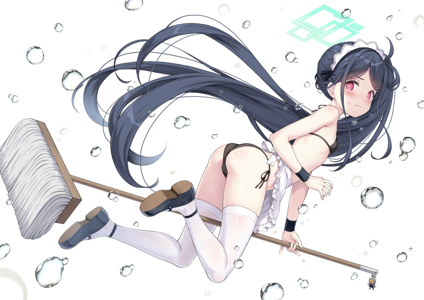 1girl @_@ absurdly_long_hair apron aris_(blue_archive) aris_(maid)_(blue_archive) ass bare_shoulders bikini black_hair blue_archive blush breasts broom closed_mouth floating frilled_apron frills full_body hair_ribbon halo holding holding_broom long_hair looking_at_viewer looking_back maid maid_headdress red_eyes ribbon side-tie_bikini_bottom simple_background small_breasts solo string_bikini swimsuit thighhighs thighs very_long_hair white_apron white_background white_bikini white_thighhighs wristband yamasan