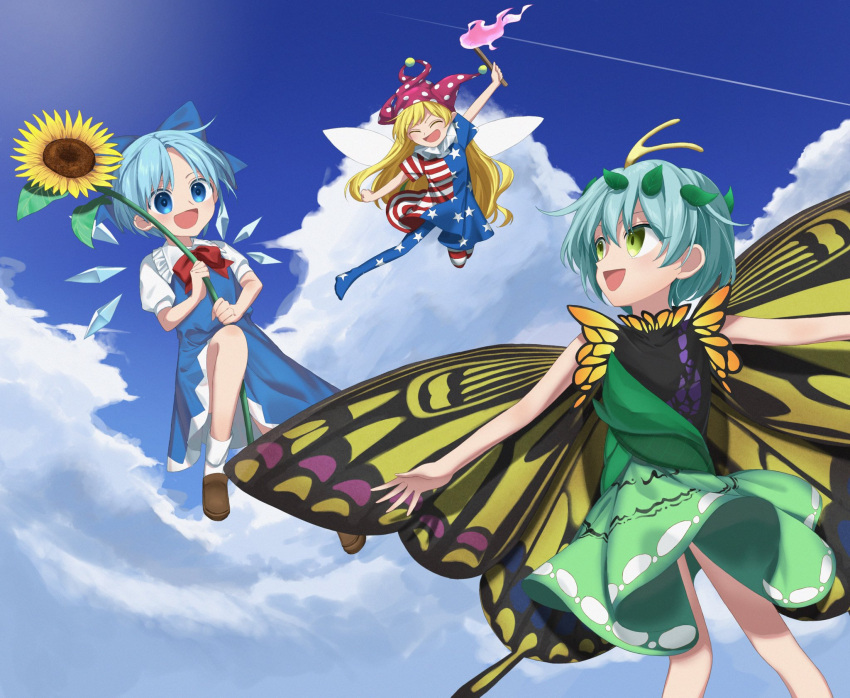 3girls american_flag_dress american_flag_legwear antennae aqua_hair bad_anatomy blonde_hair blue_bow blue_dress blue_eyes blue_hair bow brown_footwear butterfly_wings cirno closed_eyes clownpiece collared_shirt detached_wings dress eternity_larva fairy fairy_wings flower green_dress green_eyes hair_bow hat highres holding holding_flower holding_torch ice ice_wings jester_cap keiki8296 leaf leaf_on_head long_hair multicolored_clothes multicolored_dress multiple_girls open_mouth pantyhose pink_headwear polka_dot polka_dot_headwear puffy_short_sleeves puffy_sleeves shirt shoes short_hair short_sleeves smile socks star_(symbol) star_print striped striped_dress striped_pantyhose sunflower torch touhou white_shirt white_socks wings yellow_flower