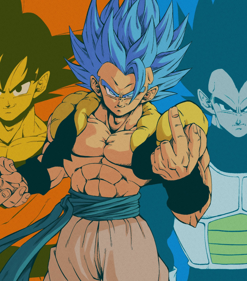 3boys abs armor baggy_pants biceps black_hair black_wristband blue_background blue_eyes blue_hair blue_sash closed_mouth collarbone commentary_request dragon_ball dragon_ball_super fingernails frown gogeta hands_up highres index_finger_raised looking_at_viewer male_focus metamoran_vest multiple_boys muscular muscular_male open_clothes open_vest orange_background pants pectorals saiyan_armor sash serious seya_(asasei_718) simple_background smile smirk son_goku spiked_hair super_saiyan super_saiyan_blue two-tone_background v-shaped_eyebrows vegeta vest white_pants widow's_peak wristband