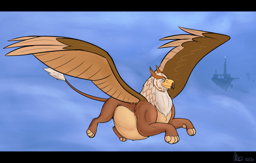 after_vore ambiguous_gender avian belly big_belly black_border border brown_body brown_fur digestion eyes_closed feral feral_pred flying fur gryphon hi_res mythological_avian mythology sky solo thatgryphonguy vore