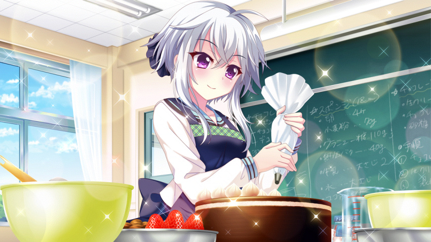 1girl ahoge apron back_bow baking black_scrunchie blue_apron blue_sailor_collar blue_sky bow cake ceiling chalkboard chocolate_cake classroom cloud curtains day door dot_nose film_grain food fruit game_cg grey_hair hair_ornament hair_scrunchie ichijou_ruka icing indoors izumi_tsubasu large_bow lens_flare measuring_cup mixing_bowl non-web_source nut_(food) official_art pastry_bag purple_eyes re:stage! recipe_(object) sailor_collar school school_uniform scrunchie short_hair sky smile solo sparkle strawberry tile_ceiling tiles white_uniform window