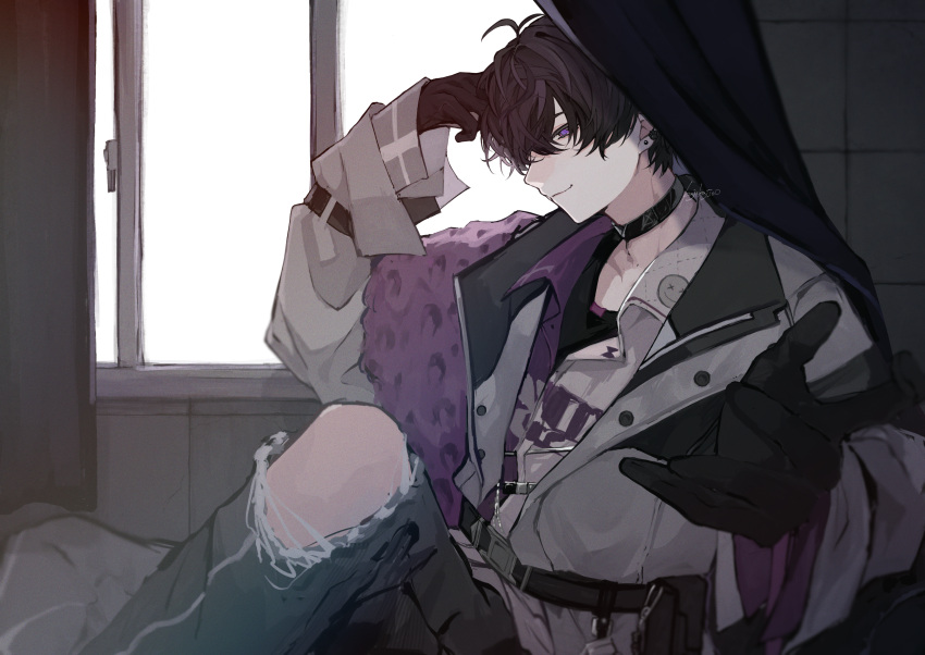 1boy absurdres ahoge belt black_belt black_choker black_gloves black_hair black_shirt choker collarbone collared_shirt commentary curtains dress_shirt earrings gloves hair_between_eyes highres indoors jacket jewelry kajiwara_3 long_sleeves looking_at_viewer male_focus nijisanji pants purple_eyes purple_shirt reaching reaching_towards_viewer saiki_ittetsu shirt short_hair sitting solo torn_clothes torn_pants two-tone_shirt virtual_youtuber white_jacket white_shirt window