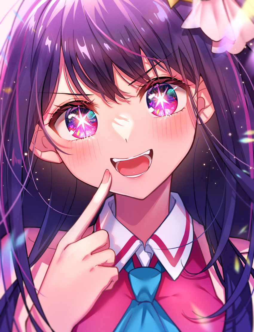 &gt;:) 1girl :d absurdres bare_shoulders blue_necktie blush chromatic_aberration close-up collar double-parted_bangs eyelashes fang fingernails hair_between_eyes hair_ribbon hair_spread_out head_tilt highres hoshino_ai_(oshi_no_ko) index_finger_raised light_particles long_hair looking_at_viewer necktie open_mouth oshi_no_ko pink_shirt purple_eyes purple_hair ribbon shirt smile solo star-shaped_pupils star_(symbol) straight-on symbol-shaped_pupils teeth umishima_rinta v-shaped_eyebrows white_collar white_ribbon