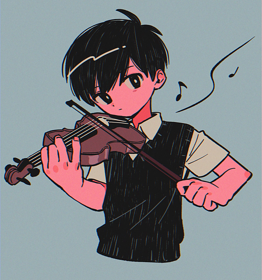 1boy black_eyes black_hair black_sweater_vest blue_background bright_pupils closed_mouth cropped_torso fingernails highres holding holding_bow_(music) holding_instrument holding_violin instrument looking_at_viewer male_focus menma_(enaic31) music musical_note omori playing_instrument shirt short_hair short_sleeves simple_background solo sunny_(omori) sweater_vest white_pupils white_shirt