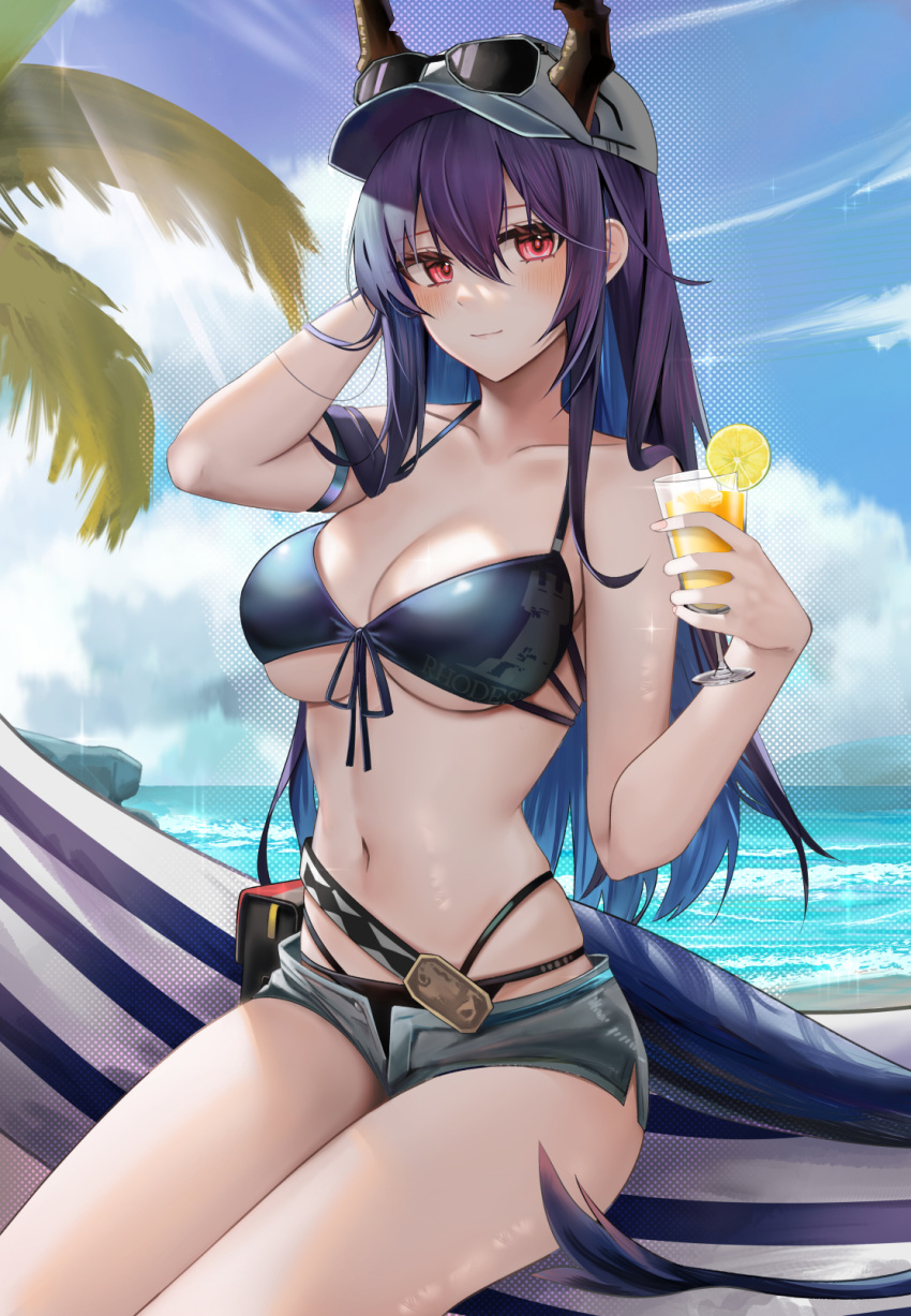 1girl arknights arm_strap arm_up bare_arms bare_shoulders baseball_cap belt bikini black_bikini blue_hair blue_sky breasts ch'en_(arknights) ch'en_the_holungday_(arknights) chinese_commentary cleavage closed_mouth clothes_writing cloud collarbone colored_inner_hair commentary_request cup day dragon_girl dragon_horns dragon_tail drink drinking_glass elite_ii_(arknights) eyewear_on_headwear food front-tie_bikini_top front-tie_top fruit grey_headwear grey_shorts halterneck hammock hand_in_own_hair hat highres holding holding_cup horns large_breasts lemon lemon_slice looking_at_viewer micro_shorts multi-strapped_bikini multicolored_hair navel ocean official_alternate_costume open_fly outdoors palm_tree purple_hair red_eyes revision rhodes_island_logo ru_zhai short_shorts shorts sitting skindentation sky solo sparkle stomach string_bikini sunglasses swimsuit tail thighs tree