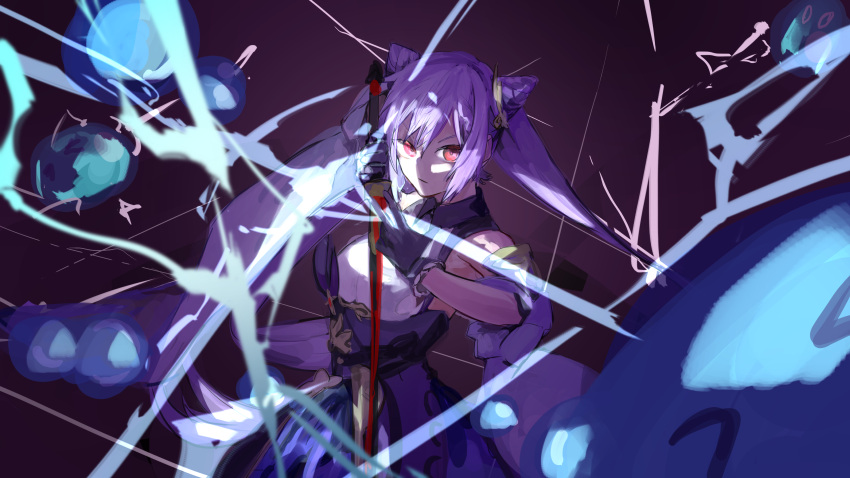 1girl absurdres closed_mouth commentary cone_hair_bun cowboy_shot double_bun dress electricity floating_hair genshin_impact gloves gyoukan_(jfxc) hair_bun highres holding holding_sword holding_weapon keqing_(genshin_impact) long_hair looking_at_viewer purple_gloves purple_hair purple_theme red_eyes sleeveless sleeveless_dress solo sword twintails weapon