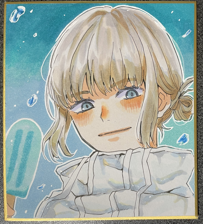 1boy blue_eyes blush fate/grand_order fate_(series) food highres holding holding_food holding_ice_cream honchu ice_cream looking_at_viewer male_focus marker_(medium) medium_hair oberon_(fate) official_alternate_costume photo_(medium) portrait shikishi sidelocks smile solo traditional_media