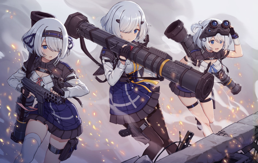 3girls at4 at4_(girls'_frontline) black_pantyhose blue_eyes blue_skirt breasts cleavage embers eyes_visible_through_hair feet_out_of_frame fingerless_gloves girls'_frontline gloves goggles goggles_on_head gun hair_ornament hair_over_one_eye hairband handgun highres holding holding_gun holding_rocket_launcher holding_weapon holster holstered medium_breasts miniskirt multiple_girls necktie night_vision_device official_art over_shoulder pantyhose partially_fingerless_gloves pleated_skirt rebar rocket_launcher shirt shoes short_hair single_thighhigh skindentation skirt smoke snap-fit_buckle socks submachine_gun tactical_clothes tec-9 terras thigh_holster thigh_pouch thigh_strap thighhighs weapon weapon_over_shoulder white_hair white_shirt