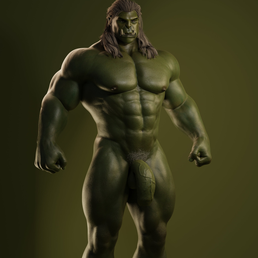 abs absurd_res fangs genitals green_body green_skin hi_res humanoid humanoid_pointy_ears male muscular muscular_humanoid muscular_male orc pecs penis pubes solo teeth vein veiny_penis voluox