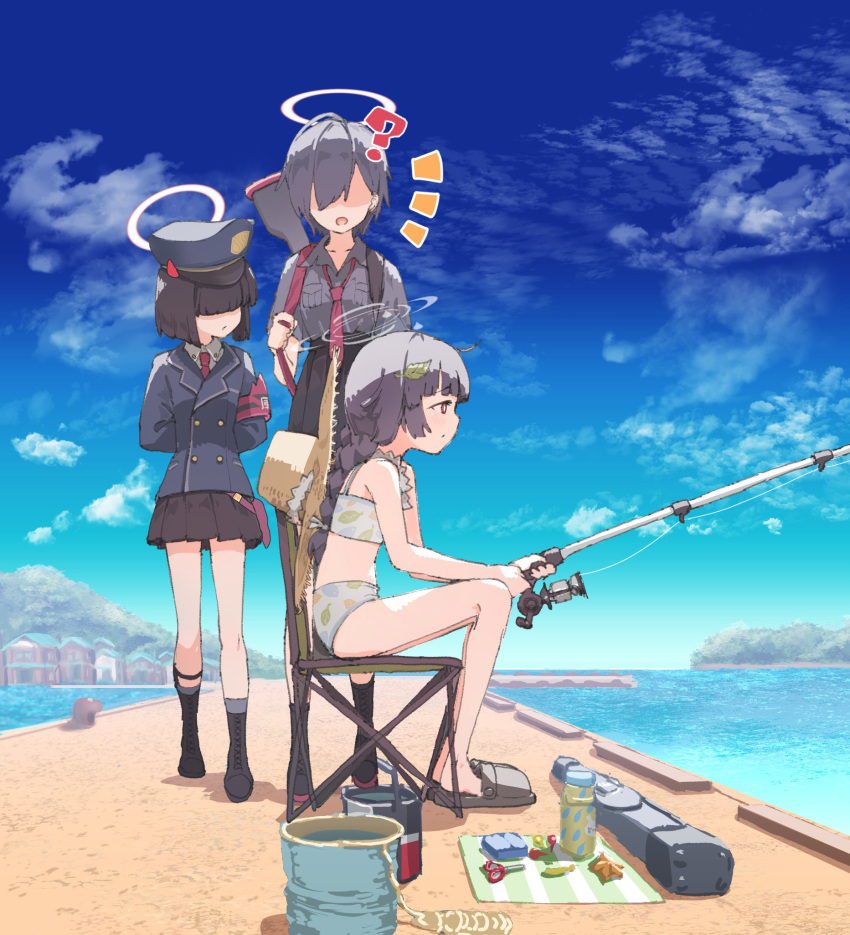 3girls ? ahoge armband arms_behind_back backpack bag bikini black_footwear black_hair black_skirt blue_archive blue_jacket boots breasts bucket building buttons chair character_request cloud collared_shirt day double-breasted faceless faceless_female fishing fishing_rod full_body grey_shirt gun hair_over_eyes halo hat highres holding holding_fishing_rod hoshi_umi jacket leaf leaf_on_head long_hair looking_at_another miniskirt miyu_(blue_archive) miyu_(swimsuit)_(blue_archive) multiple_girls necktie notice_lines ocean open_mouth outdoors pier pleated_skirt police_hat red_necktie rifle sandals scissors shadow shirt short_hair sitting skirt sling small_breasts standing starfish straw_hat swimsuit thermos walking weapon weapon_case white_bikini