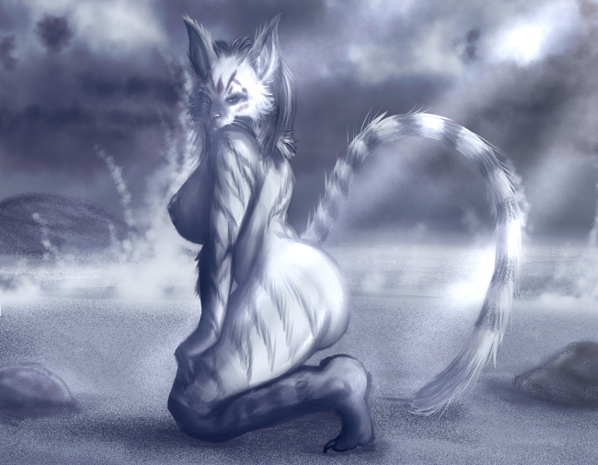 absurd_res beach bethesda_softworks bombayeen_(artist) breasts felid female feral greyscale hi_res khajiit looking_at_viewer mammal monochrome nipples nox_(etherial_bitch) nude seaside solo tasteful_nudity the_elder_scrolls vampire