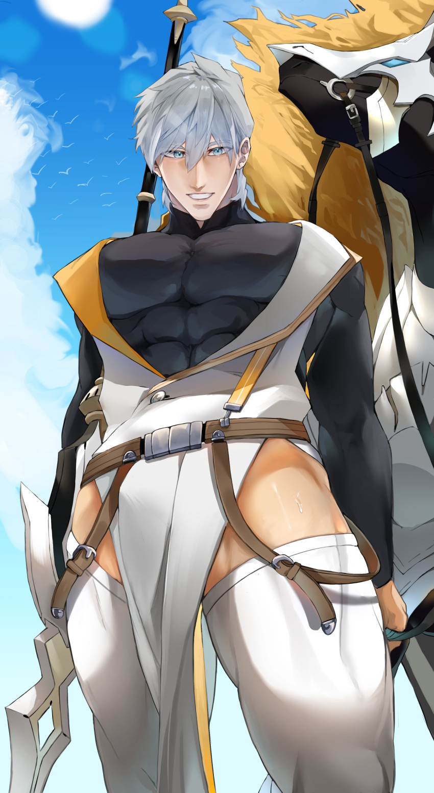 1boy absurdres bara black_bodysuit blue_eyes bodysuit fate/grand_order fate_(series) from_below grey_hair hair_between_eyes highres holding holding_polearm holding_weapon huge_pectorals ironmanhshs looking_at_viewer male_focus muscular muscular_male pelvic_curtain percival_(fate) polearm sanpaku short_hair smile solo spear thick_eyebrows thick_thighs thighhighs thighs weapon white_hair white_thighhighs