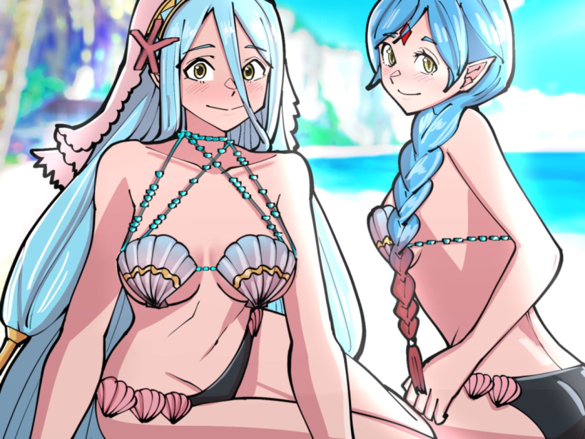 2girls ass azura_(fire_emblem) bare_shoulders blue_hair blurry blurry_background blush braid breasts cleavage closed_mouth collarbone fire_emblem fire_emblem_fates groin hair_between_eyes light_blue_hair lilith_(fire_emblem) long_hair medium_breasts mnejing30 multiple_girls navel pointy_ears red_hair seashell shell shell_bikini sitting small_breasts smile split_mouth veil very_long_hair