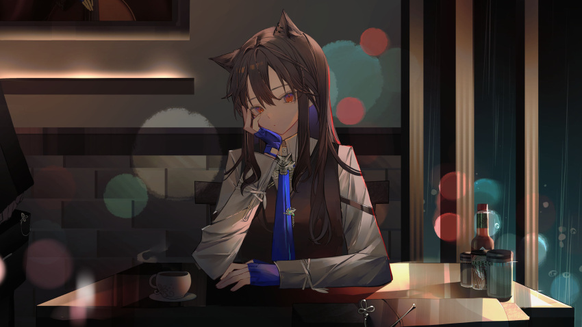 0_(znanimo) 1girl 1other animal_ear_fluff animal_ear_piercing animal_ears arknights arm_rest arm_support armlet bag blue_gloves blue_hair blue_necktie blurry bokeh breasts brick brick_wall brown_bag brown_hair brown_vest buttons chair closed_mouth coffee coffee_cup collared_shirt colored_inner_hair commentary cup depth_of_field disposable_cup double-parted_bangs drink expressionless fingerless_gloves fingernails gloves hair_between_eyes hand_on_own_cheek hand_on_own_face hand_up handbag head_rest head_tilt highres holding holding_bag hoop_piercing indoors long_hair long_sleeves looking_at_viewer multicolored_hair necktie night official_alternate_costume on_chair orange_eyes parted_bangs pepper_shaker piercing plate rain reflection reflective_table restaurant salt_shaker shadow shirt sidelocks sitting solo_focus steam straight-on straight_hair symbol-only_commentary tabasco table texas_(arknights) texas_the_omertosa_(arknights) toothpick_holder two-tone_hair upper_body v-neck vest wall wallpaper_(object) water_drop white_shirt window window_shade wing_collar wolf_ears wolf_girl wolf_head wooden_chair