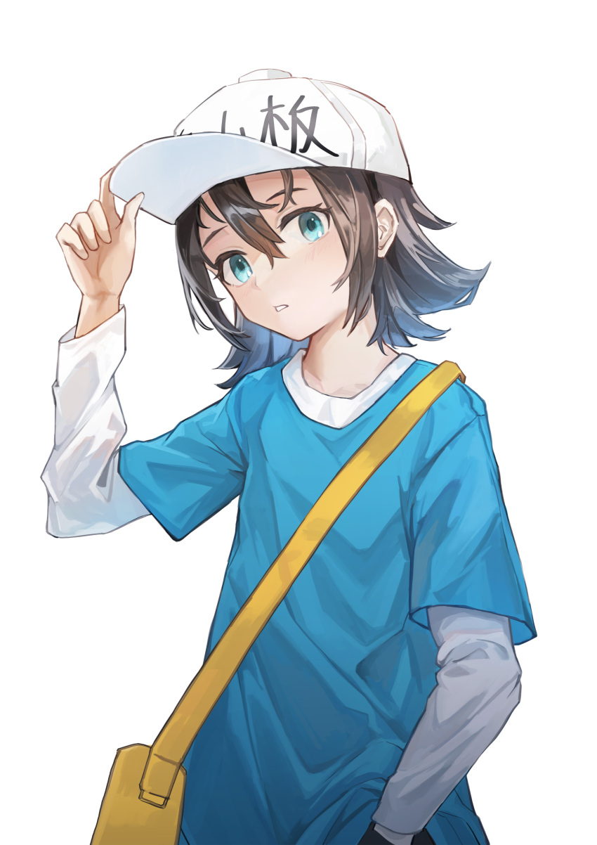 1girl absurdres adjusting_clothes adjusting_headwear aqua_eyes bag baggy_clothes baseball_cap black_hair blue_shirt bob_cut clothes_writing commentary expressionless flat_chest flipped_hair hair_between_eyes hand_in_pocket hand_on_headwear hand_up hat hataraku_saibou hataraku_saibou_black head_tilt highres layered_shirt light_blush long_sleeves looking_at_viewer messenger_bag parted_lips platelet_(hataraku_saibou) shirt short_hair short_sleeves shoulder_bag simple_background solo standing strap symbol-only_commentary t-shirt upper_body white_background white_shirt xiaomai_yorik yellow_bag