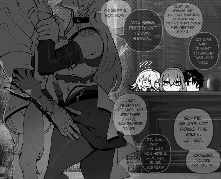 ? arm_grab armor brother_and_sister choker dan_heng_(honkai:_star_rail) earrings gepard_landau greyscale head_out_of_frame hiding honkai:_star_rail honkai_(series) implied_incest incest jewelry long_hair march_7th_(honkai:_star_rail) midriff monochrome nyantcha serval_landau siblings skirt speech_bubble stelle_(honkai:_star_rail) thigh_grab trailblazer_(honkai:_star_rail) watching