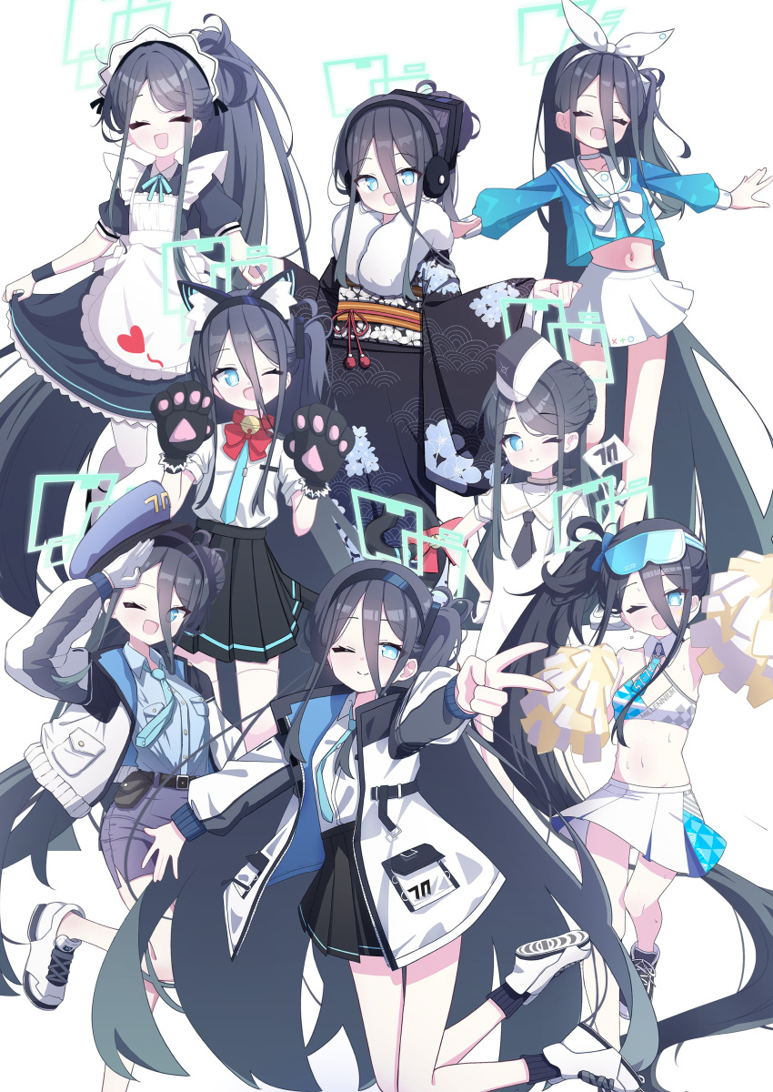 1girl 525_woiwo ^_^ absurdres apron aris_(blue_archive) aris_(maid)_(blue_archive) arona_(blue_archive) arona_(blue_archive)_(cosplay) black_dress black_hair black_kimono black_skirt blue_archive blue_eyes blue_headwear blue_necktie blue_shirt blue_skirt blush bow bowtie choker closed_eyes collared_shirt commentary_request cosplay cropped_shirt double-parted_bangs dress floating floral_print_kimono frilled_apron frilled_dress frills fur-trimmed_kimono fur_trim gloves goggles goggles_on_head green_halo hair_between_eyes hair_bun halo hands_up highres holding holding_pom_poms jacket japanese_clothes kimono leg_up long_bangs long_hair long_sleeves looking_at_viewer maid_apron maid_headdress midriff millennium_cheerleader_outfit_(blue_archive) miniskirt necktie one_eye_closed one_side_up open_clothes open_jacket open_mouth outstretched_arms pencil_skirt police police_uniform pom_pom_(cheerleading) puffy_long_sleeves puffy_sleeves sailor_collar salute sash school_uniform serafuku shirt shirt_tucked_in single_hair_bun skirt skirt_hold smile stomach uniform v very_long_hair white_apron white_bow white_bowtie white_choker white_dress white_footwear white_gloves white_headdress white_headwear white_jacket white_sailor_collar white_shirt white_skirt yellow_sash
