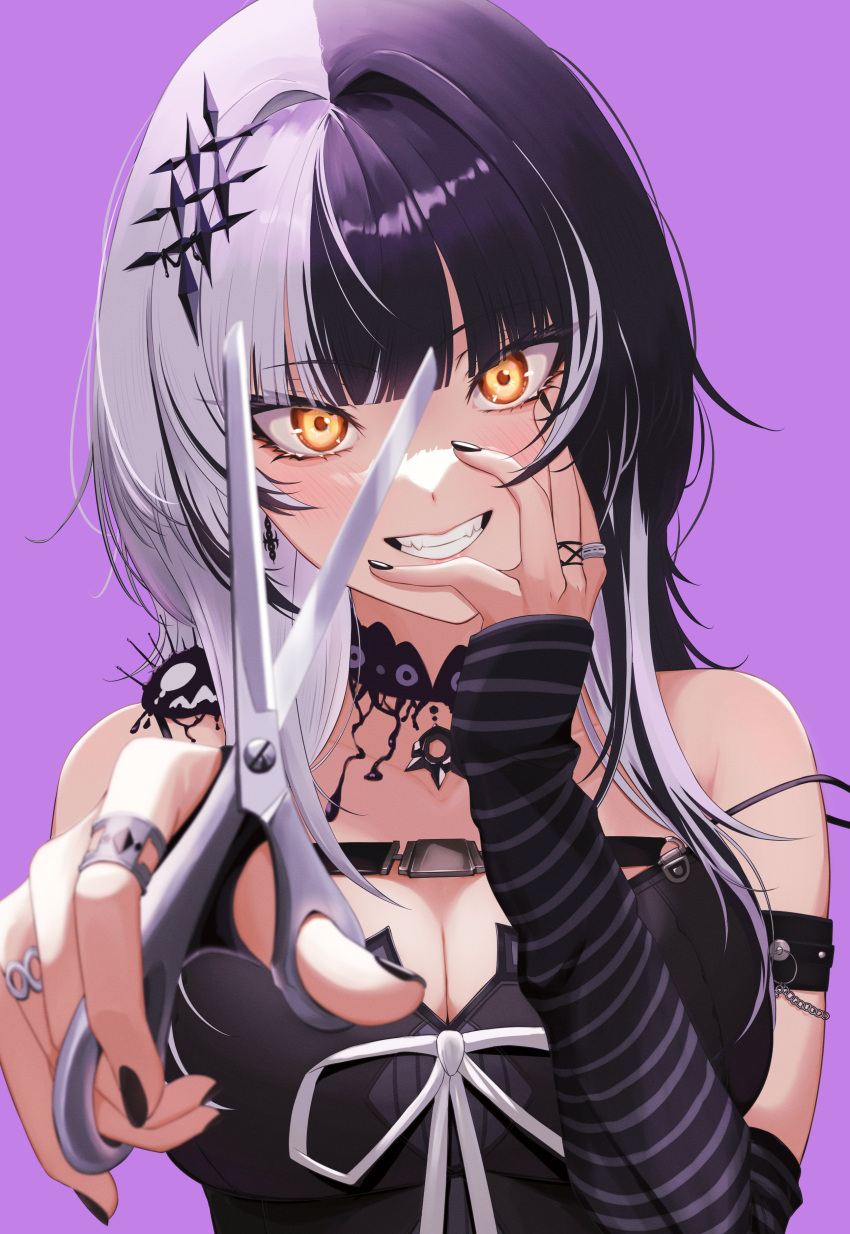 1girl absurdres arm_strap belt black_belt black_choker black_dress black_hair black_nails breasts chest_belt choker cleavage commentary dress eipanguino fingernails foreshortening grey_hair grin hair_ornament hand_on_own_cheek hand_on_own_face hand_up highres holding holding_scissors hololive hololive_english jewelry lace lace_choker large_breasts light_blush looking_at_viewer multicolored_hair multiple_rings nail_polish purple_background ring scissors shiori_novella simple_background smile solo split-color_hair striped_arm_warmers symbol-only_commentary two-tone_hair upper_body virtual_youtuber yellow_eyes yorick_(shiori_novella)