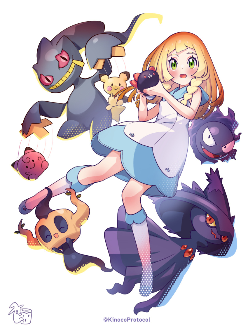 1girl banette blonde_hair blunt_bangs blush braid character_doll cleffa collared_dress commentary dress eyelashes gastly green_eyes highres holding holding_pokemon kinocopro kneehighs lillie_(pokemon) long_hair mismagius open_mouth phantump pichu pokemon pokemon_(anime) pokemon_(creature) pokemon_sm_(anime) pyukumuku shoes sleeveless sleeveless_dress socks sundress twin_braids white_background white_dress