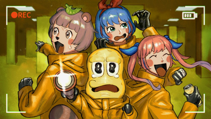 1boy 3girls :3 ^_^ animal_ears animal_nose backrooms_(creepypasta) bald battery_indicator black_eyes blue_bow blue_eyes blue_hair blush_stickers bob_cut bow can ceiling_light closed_eyes coat flashlight floating_hair fluorescent_lamp gradient_hair grey_eyes grey_hair hair_bow hairband hands_up high_collar holding holding_can holding_flashlight hood hood_down hooded_coat indoors leaf leaf_on_head long_hair long_sleeves mode_aim multicolored_hair multiple_girls multiple_hair_bows odorudebasan omega_rei omega_rio omega_sisters open_mouth orange_coat outstretched_arm parka peanuts-kun pink_hair ponpoko_(vtuber) purple_hair raccoon_ears raccoon_girl recording red_bow red_hairband scared short_hair smile tearing_up twintails v-shaped_eyebrows virtual_youtuber wavy_eyes