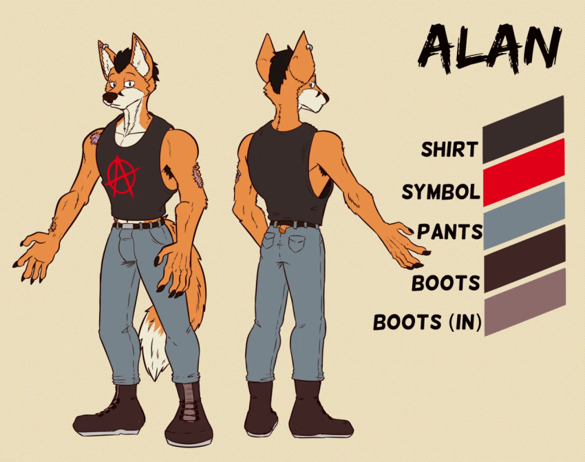 2022 alan_(traceur) anarchy_symbol anthro armpit_hair belt biped body_hair boots bottomwear brown_hair brown_nose canid canine clothed clothing color_swatch denim denim_clothing digital_media_(artwork) english_text eyebrows footwear fox fully_clothed fur hair jeans male mammal model_sheet mospy_(artist) orange_body orange_fur pants pink_body pink_skin shirt simple_background solo standing tail tan_background tan_body tan_fur tank_top text topwear