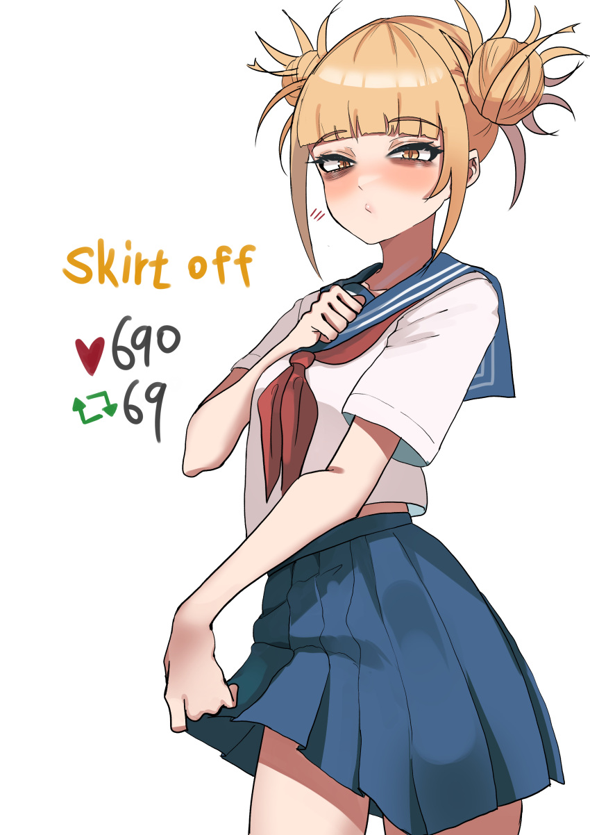 1girl absurdres alternate_costume bad_arm blonde_hair blue_sailor_collar blue_skirt blunt_bangs blush boku_no_hero_academia breasts cowboy_shot hand_up highres meme miniskirt neckerchief pleated_skirt red_neckerchief sailor_collar shirt short_sleeves simple_background skirt small_breasts solo toga_himiko twitter_strip_game_(meme) white_background white_shirt yellow_eyes zd_(pixiv6210083)