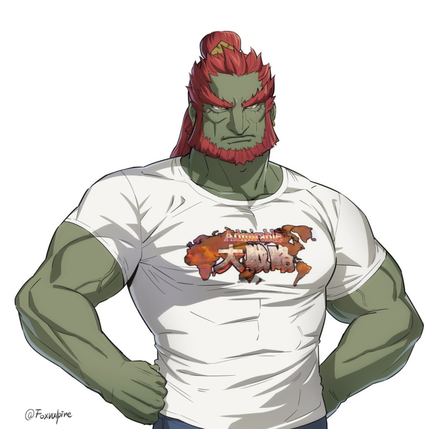 1boy bara beard blue_pants collarbone color_connection colored_skin cosplay facial_hair foxvulpine frown ganondorf gerudo grey_skin hair_color_connection hands_on_own_hips huge_eyebrows iskandar_(fate) iskandar_(fate)_(cosplay) long_hair looking_at_viewer male_focus muscular muscular_male pants pectorals red_hair shirt simple_background solo t-shirt the_legend_of_zelda the_legend_of_zelda:_tears_of_the_kingdom twitter_username veins veiny_arms white_background white_shirt