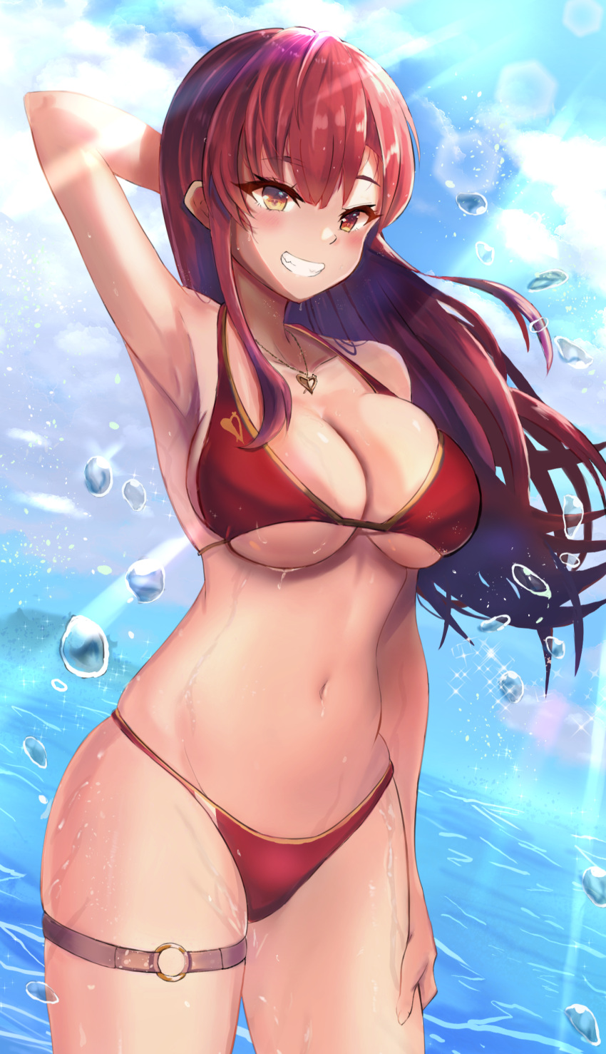 1girl absurdres arm_behind_head arm_up armpits bikini blue_sky blush breasts cleavage cloud cowboy_shot day floating_hair grin heart heart_necklace heterochromia highres hololive houshou_marine houshou_marine_(summer) jewelry large_breasts long_hair navel necklace ocean outdoors raizero red_bikini red_eyes red_hair skindentation sky smile solo stomach sunlight swimsuit teeth thigh_strap thighs virtual_youtuber water wet yellow_eyes
