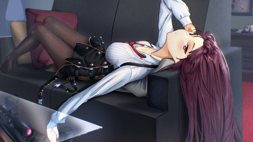 1girl absurdres black_pantyhose black_skirt blurry blush breasts bullpup chromatic_aberration cleavage closed_mouth commentary couch depth_of_field english_commentary film_grain girls'_frontline glass_table gun highres indoors large_breasts long_hair long_sleeves looking_at_viewer lying necktie on_back pantyhose puffy_sleeves purple_hair red_eyes red_necktie rifle see-through see-through_shirt shidoni shirt skirt sniper_rifle solo striped striped_shirt table vertical-striped_shirt vertical_stripes wa2000_(girls'_frontline) walther walther_wa_2000 weapon white_shirt