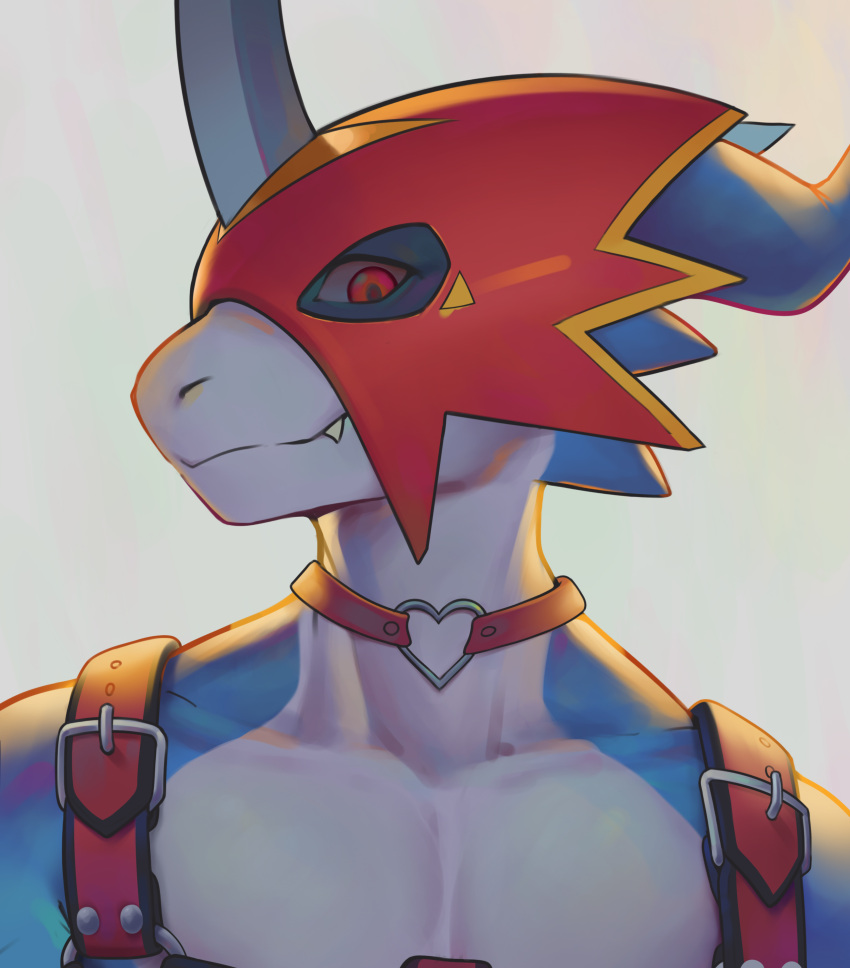 absurd_res aidennguyen17 anthro armor athletic athletic_anthro athletic_male bandai_namco blue_body choker digimon digimon_(species) flamedramon headgear helmet hi_res jewelry leather looking_at_viewer male necklace pecs red_eyes scalie solo straps
