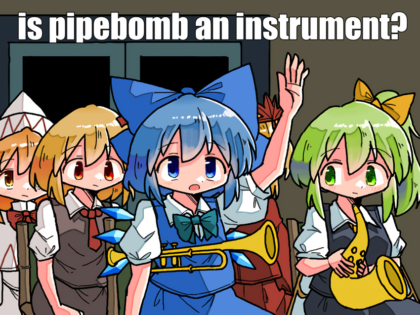 5girls :o aki_shizuha arm_up black_vest blonde_hair blue_bow blue_bowtie blue_eyes blue_hair blue_vest bow bowtie chibi cirno daiyousei english_text fairy_wings green_eyes green_hair hair_bow hat instrument kasuya_baian large_bow lily_white meme multiple_girls parody puffy_short_sleeves puffy_sleeves rumia saxophone scene_reference shirt short_hair short_sleeves side_ponytail sitting skirt skirt_set spongebob_squarepants tareme touhou trumpet vest white_shirt wings yellow_bow