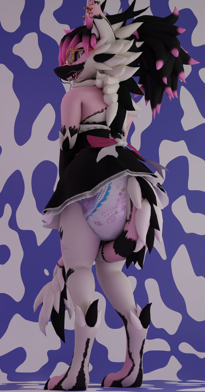 absurd_res ankle_tuft anthro arm_tuft black_body black_claws black_fur black_hair claws clothing diaper dragon ear_piercing ear_ring ears_up elbow_tuft fur furred_dragon hair hi_res horn impliqued leg_tuft maid_uniform male nardoragon open_mouth piercing pink_body pink_eyes pink_fur pink_hair puffy_diaper ring_piercing solo standing tail tail_between_legs tuft uniform white_body white_fur zukii