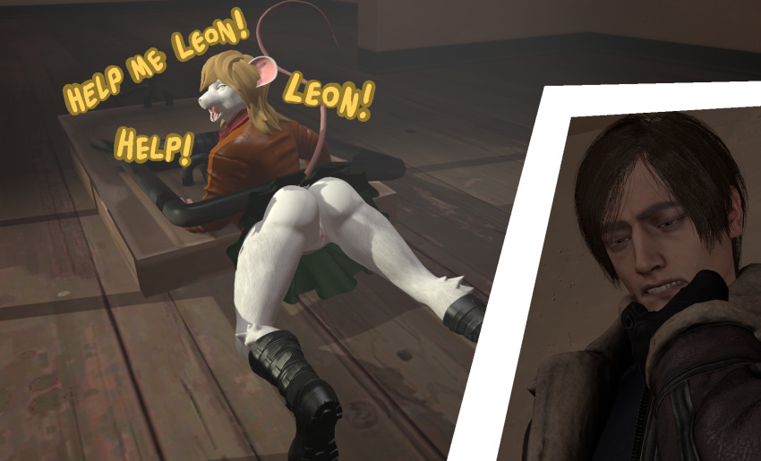 3d_(artwork) anthro butt capcom clothed clothing dialogue digital_media_(artwork) duo female genitals hair hi_res human humanoid joelsfm leon_kennedy male mammal mouse mouse_trap moushley murid murine petruz_(copyright) pussy resident_evil rodent source_filmmaker tail trap_(contrivance) trapped