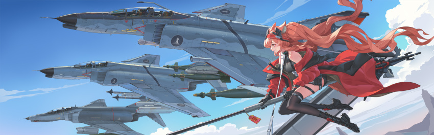 1girl 6+others absurdres aircraft airplane angelina_(arknights) angelina_(distinguished_visitor)_(arknights) animal_ears arknights bare_shoulders black_bodysuit black_footwear black_thighhighs blue_sky bodysuit breasts brown_hair f-4_phantom_ii fighter_jet floating_hair flying fox_ears hairband highres jacket jet military_vehicle missile multiple_others open_clothes open_jacket orange_eyes outdoors red_hairband red_jacket rhodes_island_logo sima_naoteng sky thighhighs