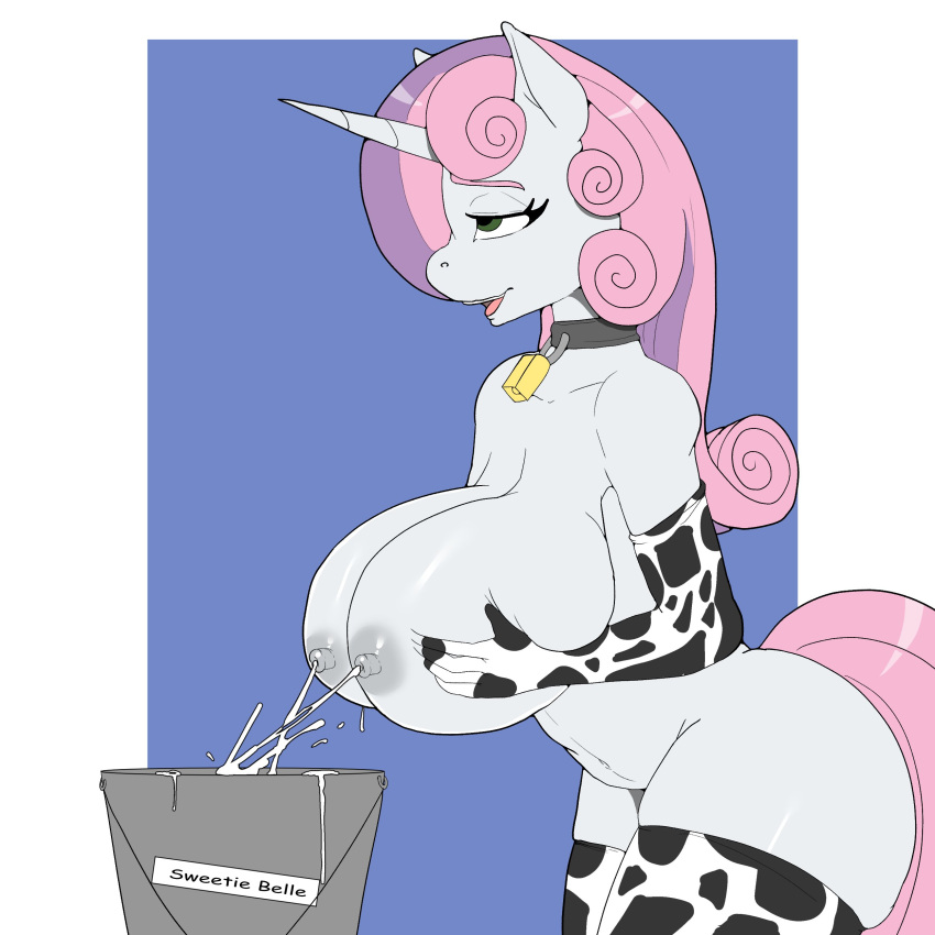 absurd_res animal_print anthro anthrofied bell bell_collar bodily_fluids breast_milking breasts bucket clothing collar container cow_print equid equine female friendship_is_magic hair hasbro hi_res holding_breast horn lactating legwear mammal mostly_nude my_little_pony nipples pink_hair purple_hair self_milking skyearts sweetie_belle_(mlp) thick_thighs thigh_highs unicorn