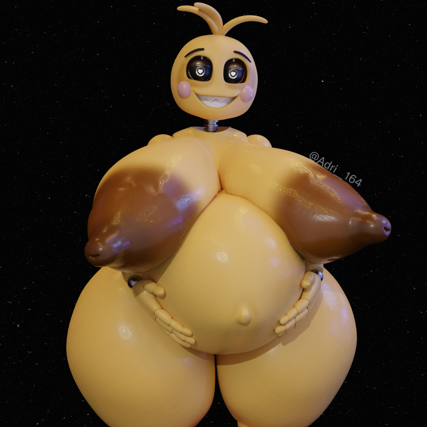 3d_(artwork) absurd_res adri164 animatronic areola avian belly big_areola big_belly big_breasts bird breasts brown_areola chicken digital_media_(artwork) female five_nights_at_freddy's five_nights_at_freddy's_2 galliform gallus_(genus) hands_on_belly hi_res looking_at_viewer lovetaste_chica machine navel phasianid pregnant robot sagging_breasts scottgames smile solo toy_chica_(fnaf) wide_hips yellow_body