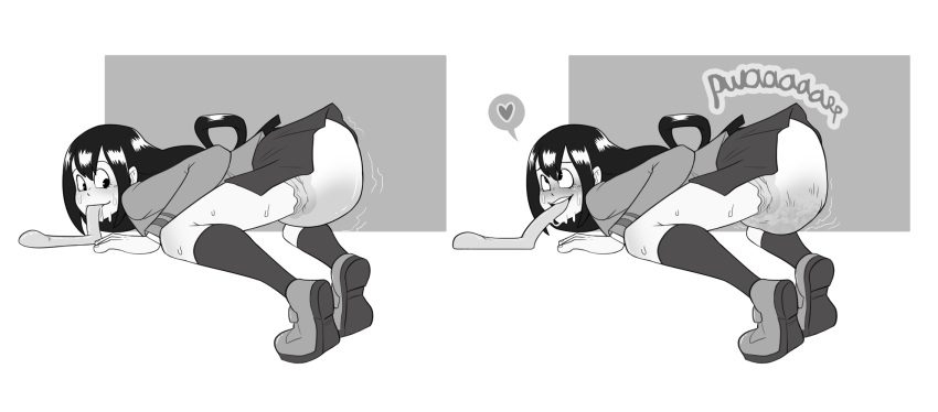 &lt;3 amphibian amphibian_humanoid animal_humanoid asui_tsuyu black_eyes black_hair blush bodily_fluids bottomwear clothed clothing diaper diaper_bulge diaper_under_clothing feces female footwear frog_humanoid hair hair_loop hi_res humanoid jacket leaning leaning_forward long_hair long_tongue looking_back looking_pleasured messing messy_diaper my_hero_academia necktie open_mouth pieceofsoap pooping saliva school_uniform shoes simple_background skirt socks soiled_diaper soiling solo sound_effects speech_bubble sweat sweatdrop tippy_toes tongue tongue_out topwear uniform