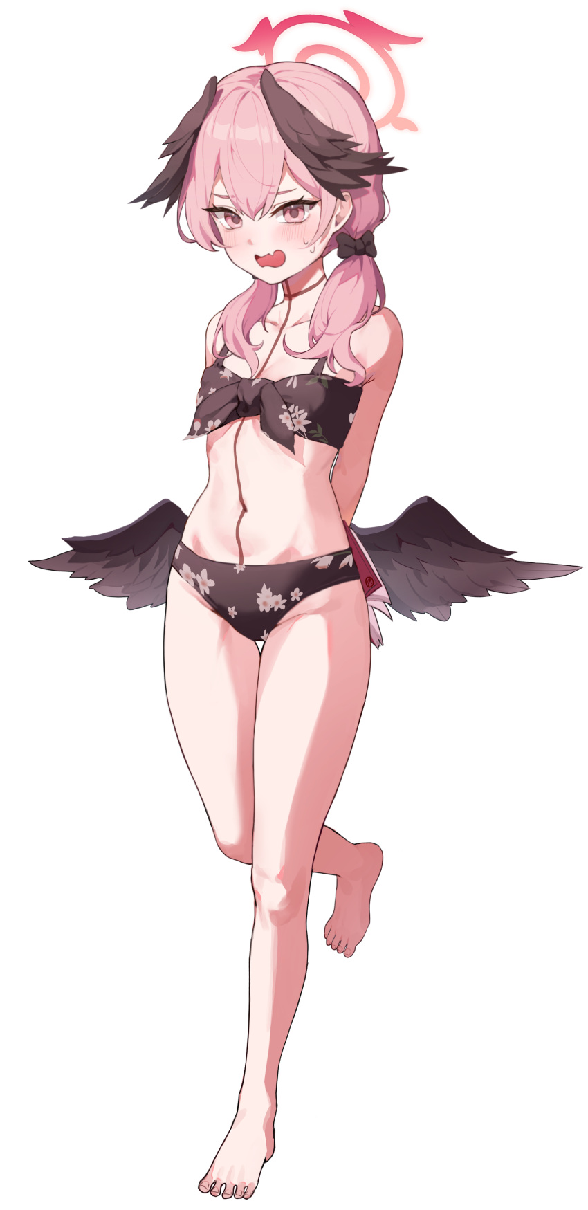 1boy 1girl absurdres angel angel_wings bare_legs barefoot bikini black_bikini black_bow black_wings blue_archive blush bow breasts collarbone fang feathered_wings floral_print front-tie_top full_body halo head_wings highres koharu_(blue_archive) koharu_(swimsuit)_(blue_archive) long_hair looking_at_viewer low_twintails low_wings multicolored_hair official_alternate_costume open_mouth pink_eyes pink_hair pink_halo print_bikini skin_fang swimsuit twintails wavy_mouth white_background wings yogu_(user_rxdx2445)