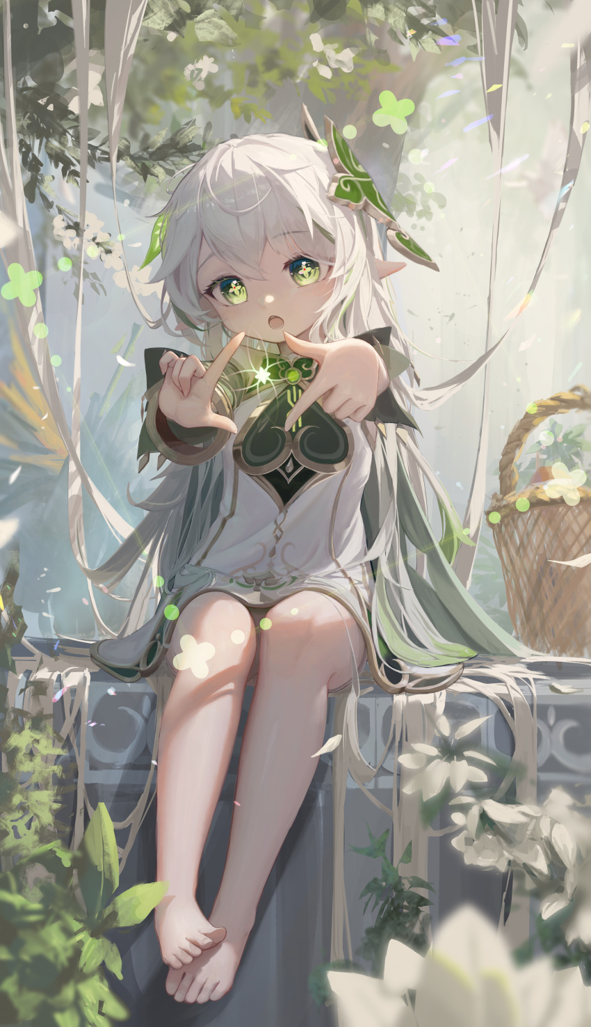 1girl :o absurdly_long_hair absurdres aton_(user_kufr5245) barefoot basket bright_pupils cross-shaped_pupils dress finger_frame genshin_impact green_eyes hair_ornament hair_spread_out highres long_hair looking_at_viewer nahida_(genshin_impact) outdoors pointy_ears sitting sitting_on_wall solo symbol-shaped_pupils tree very_long_hair white_dress white_hair