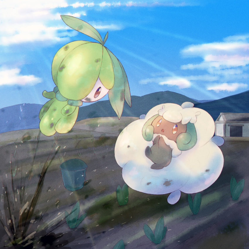 :o absurdres brown_eyes building cloud commentary_request day eye_contact highres light_rays looking_at_another mud no_humans open_mouth outdoors petilil piper_for_indroid pokemon pokemon_(creature) sapling sky soil whimsicott