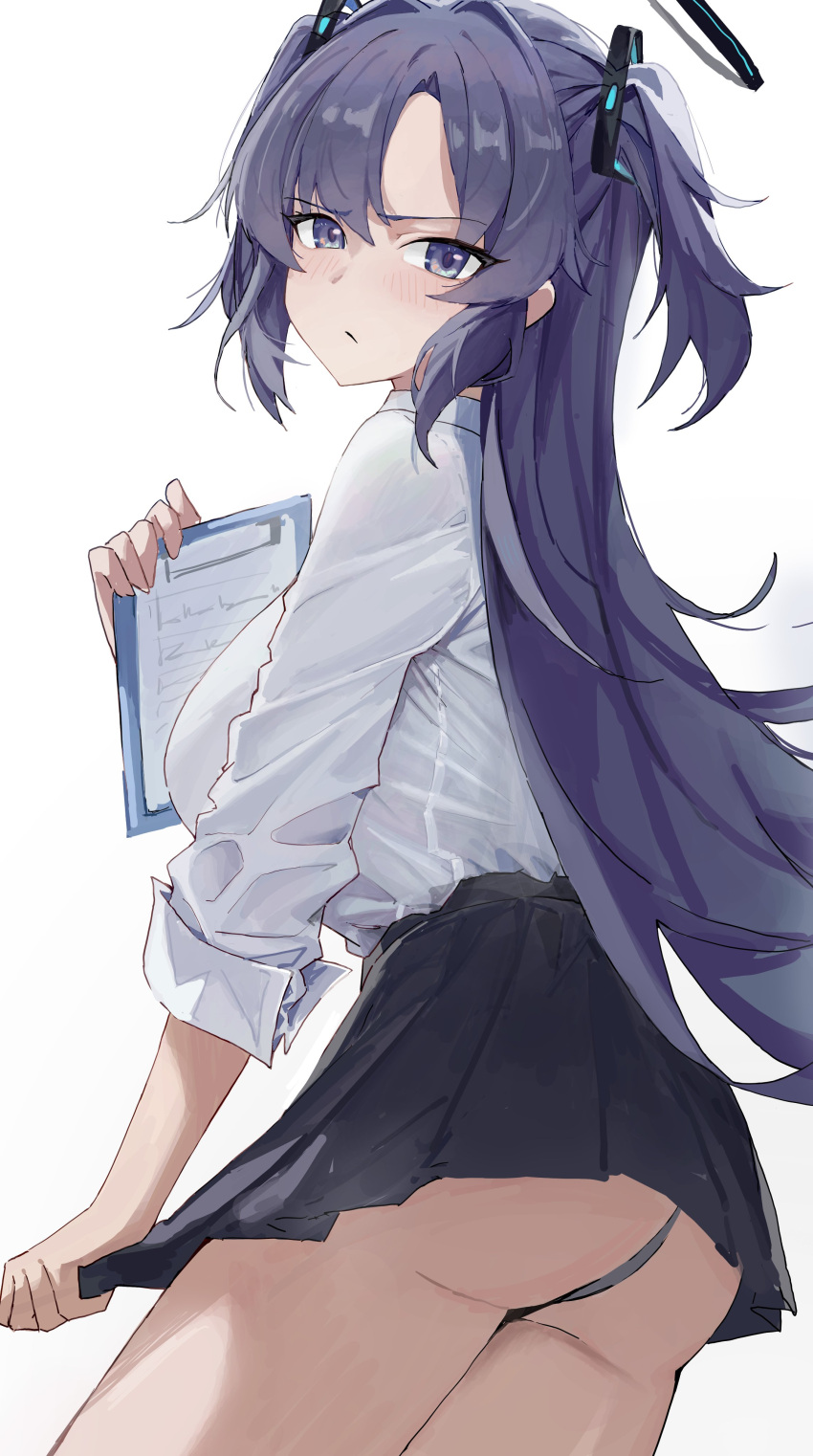 1girl absurdres ass black_skirt blue_archive blush breasts grey_panties halo highres holding holding_notepad large_breasts long_hair looking_at_viewer looking_to_the_side miniskirt notepad panties pantyshot pleated_skirt purple_eyes purple_hair reikanmen shirt skirt skirt_hold solo two_side_up underwear very_long_hair white_shirt yuuka_(blue_archive)