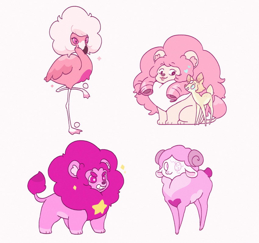 animal animal_focus animalization bird deer flamingo full_body highres hua_hua_de_meme lion pearl_(steven_universe) pink_diamond_(steven_universe) pink_fur pink_pearl_(steven_universe) rose_quartz_universe sheep sitting standing standing_on_one_leg steven_quartz_universe steven_universe white_background