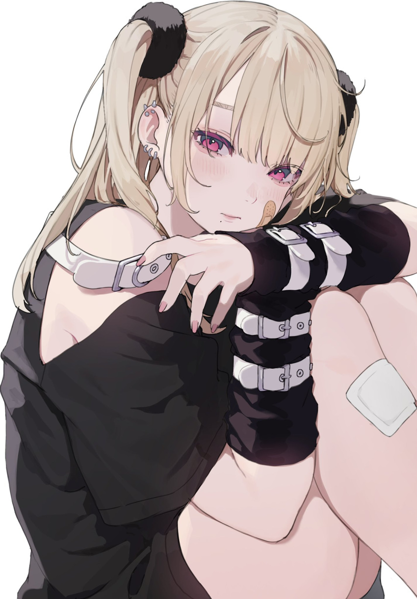 1girl bandaid bandaid_on_face bandaid_on_leg belt black_shirt blonde_hair blush character_request closed_mouth copyright_request daluto_(hitomi555) detached_sleeves ear_piercing earrings fingernails hair_between_eyes highres jewelry long_hair looking_at_viewer mole mole_under_mouth multiple_belts piercing pink_eyes pink_nails shirt sidelocks simple_background sitting solo twintails white_background white_belt